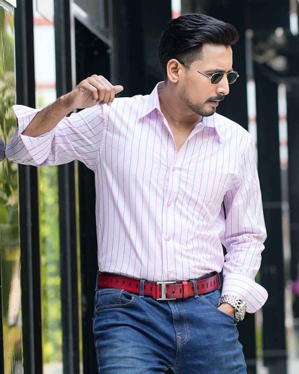 Menova 100% cotton pink plaid stripe Slim Fit Shirt (074)