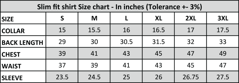 Slim Fit Size Chart