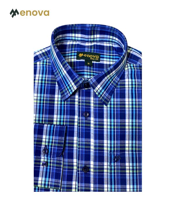 Menova Slim Fit Navy Plaid Check Long Sleeve Formal Shirt With Pocket (089)