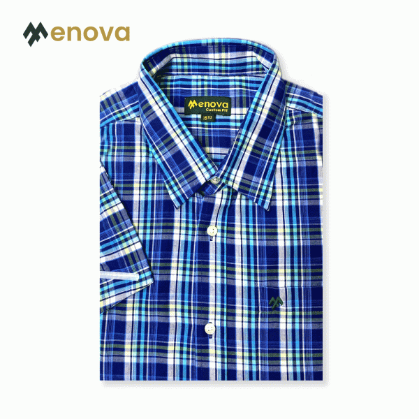 Menova 100% Cotton Navy White Plaid Check Short Sleeve Shirt With Pocket (111)
