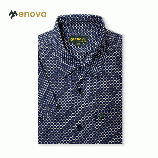 Menova 100% Cotton Navy Square Print Short Sleeve Shirt With Pocket (112)