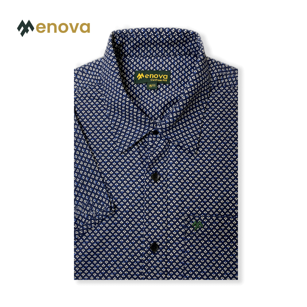 Menova 100% Cotton Navy Square Print Short Sleeve Shirt With Pocket (112)