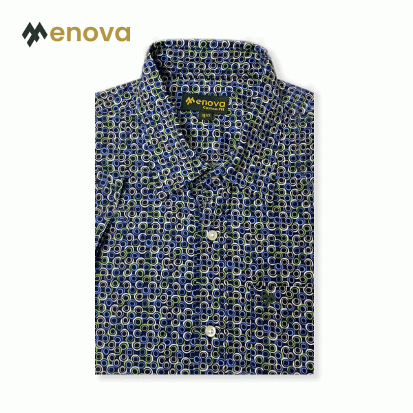 Menova 100% Cotton multi-color geometric circle print short sleeve shirt with pocket (114)