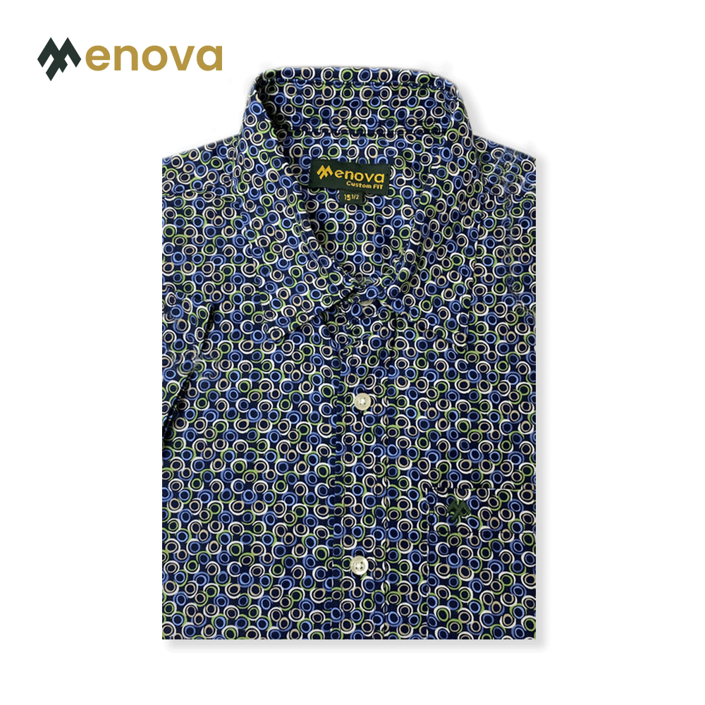 Menova 100% Cotton multi-color geometric circle print short sleeve shirt with pocket (114)