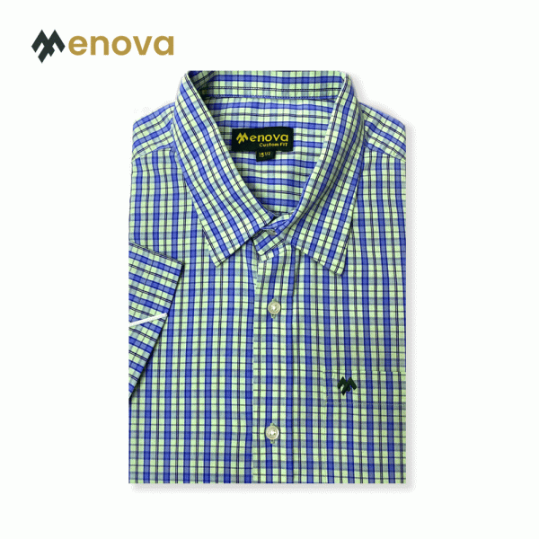 Menova 100% Cotton Blue Green Micro Check Short Sleeve Shirt With Pocket (116)