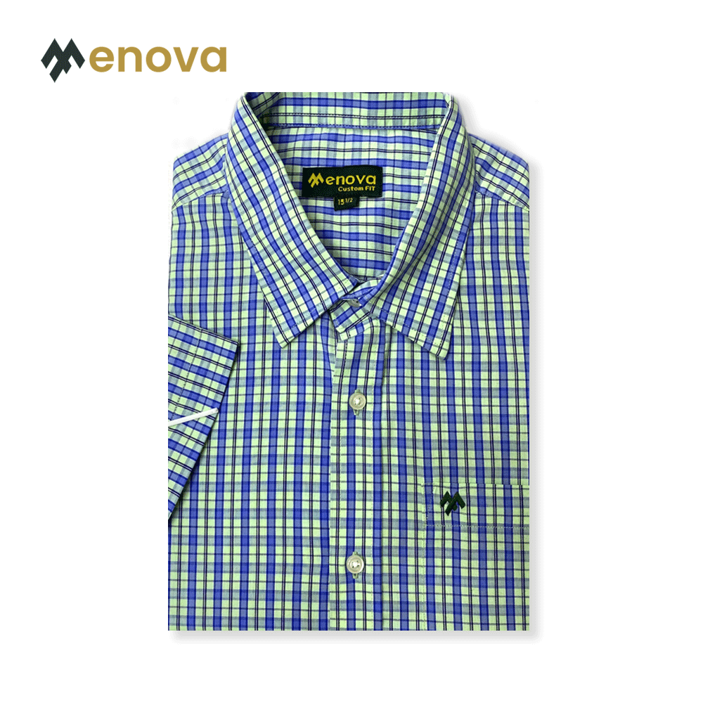 Menova 100% Cotton Blue Green Micro Check Short Sleeve Shirt With Pocket (116)