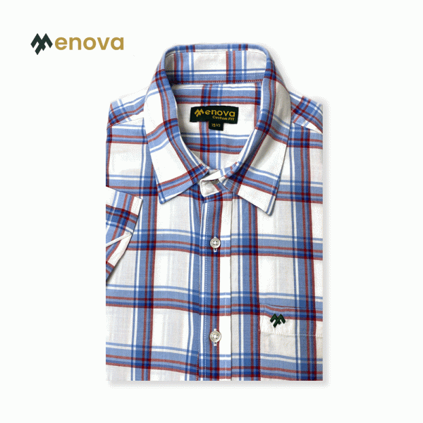 Menova 100% Cotton Twill Lightweight Red Blue Check Short Sleeve Shirt With Pocket (117)
