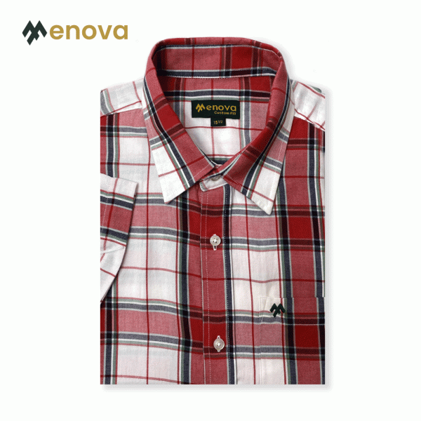 Menova 100% Cotton Twill Lightweight Red Black Check Short Sleeve Shirt With Pocket (118)