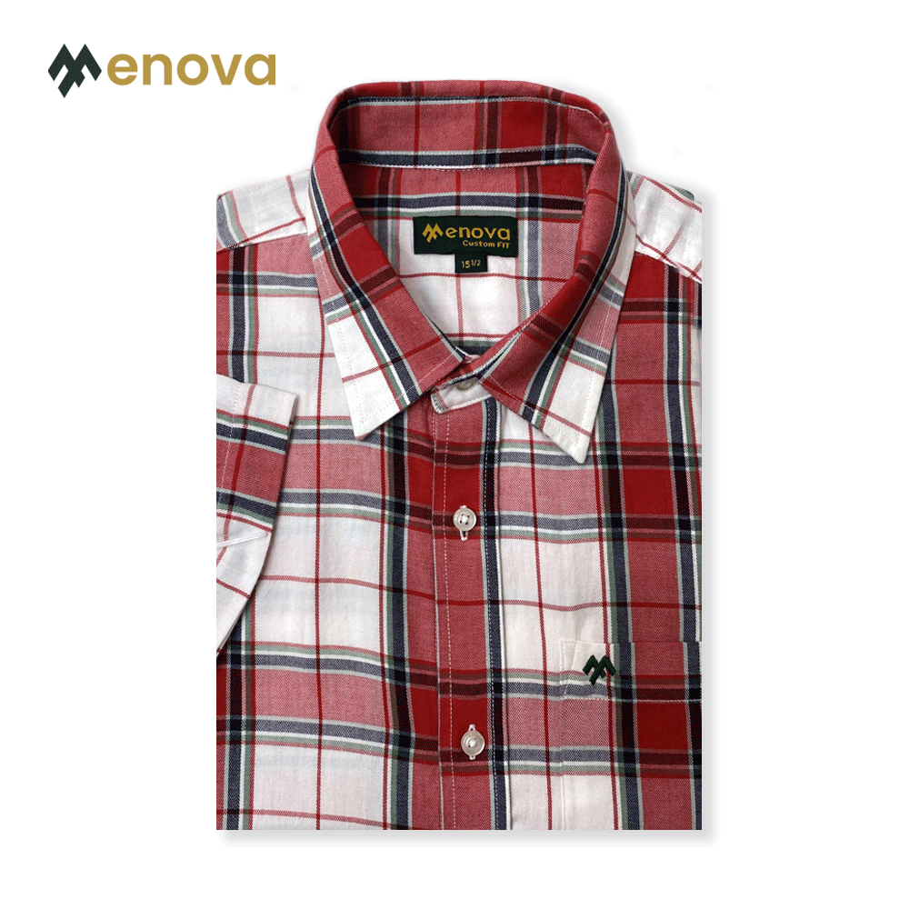 Menova 100% Cotton Twill Lightweight Red Black Check Short Sleeve Shirt With Pocket (118)