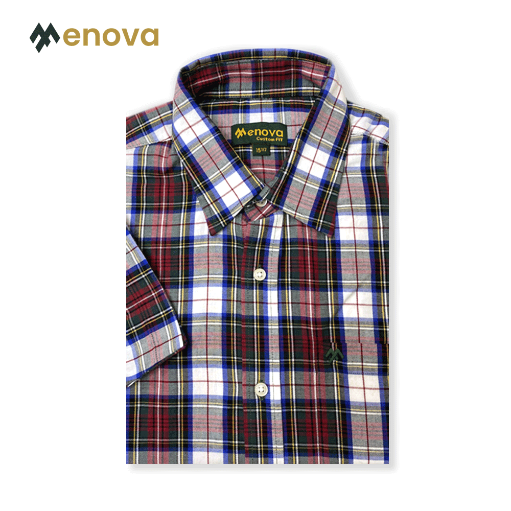 Menova 100% Cotton Twill Multi-Color Tartan Check Short Sleeve Shirt With Pocket (119)