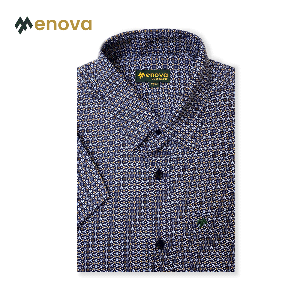 Menova 100% Cotton Navy Micro Floral Print Short Sleeve Shirt With Pocket (120)