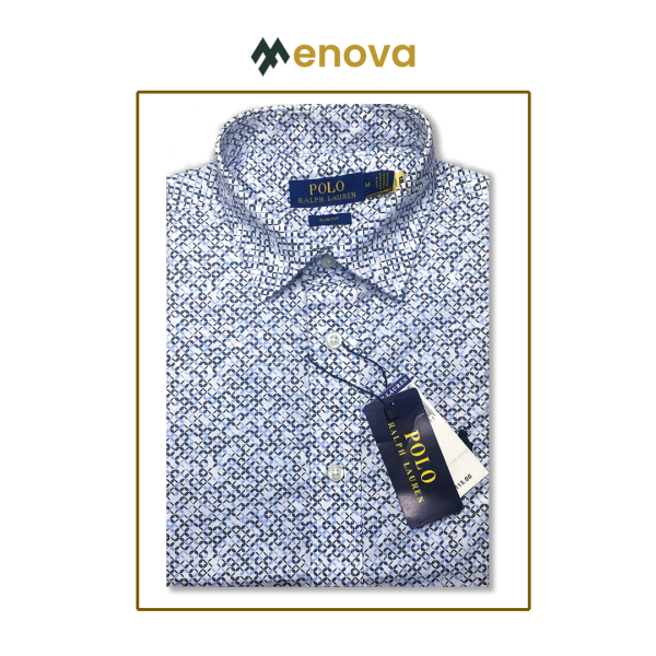 "Ralph Lauren Men's Slim Fit Formal Shirt – 100% Cotton, Sky Blue & Dark Green Print, No Pocket"(134)