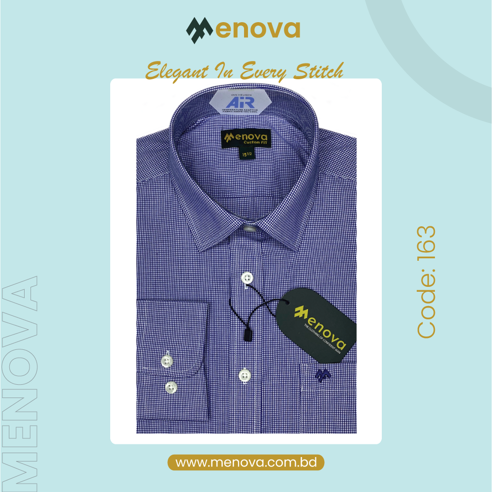 Menova Blue Micro Check Cotton Formal Shirt – Modern Fit with Pocket I Code: 163