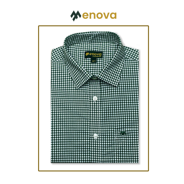 Menova Modern Fit 100% Cotton Green Gingham Shirt – Long Sleeve with Chest Pocket I Code: 164