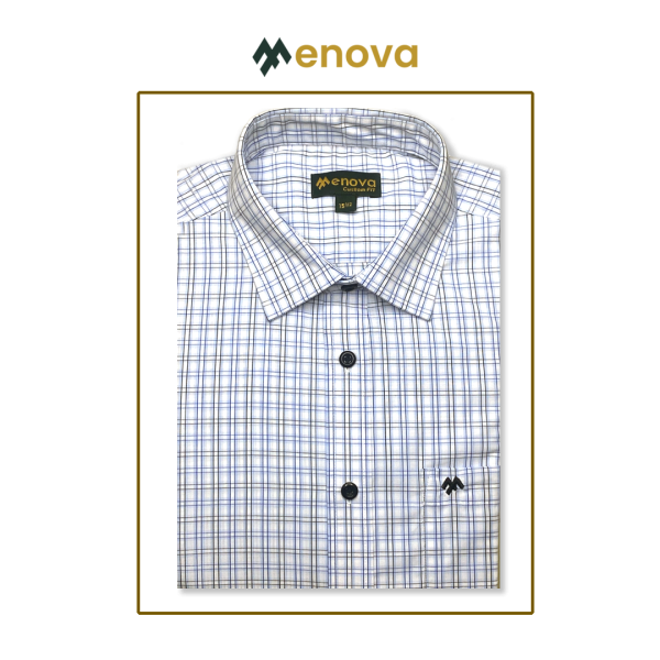 Menova Modern Fit White & Blue Check Shirt | 100% Cotton | Chest Pocket | Code: 166