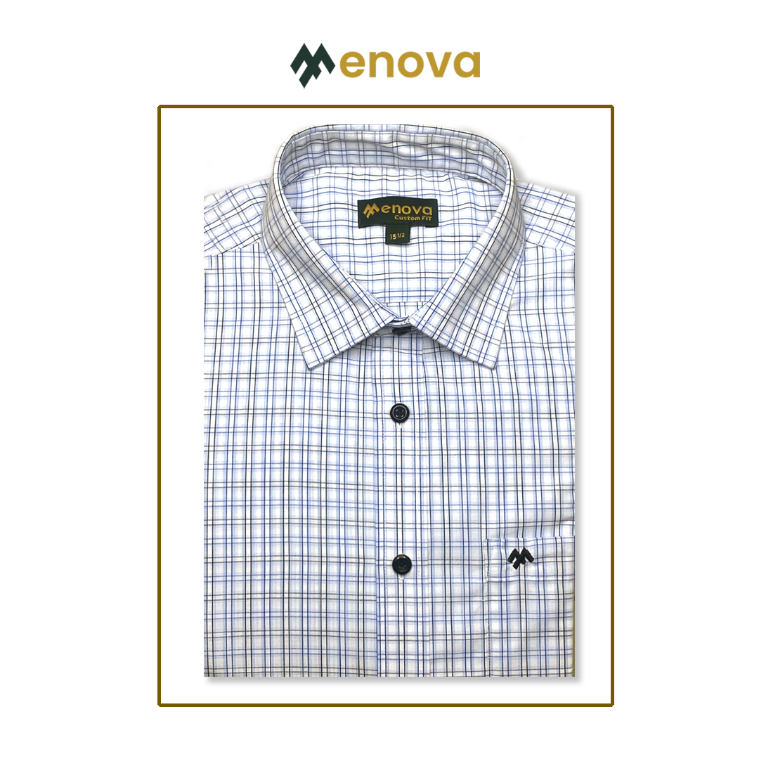 Menova Modern Fit White & Blue Check Shirt | 100% Cotton | Chest Pocket | Code: 166