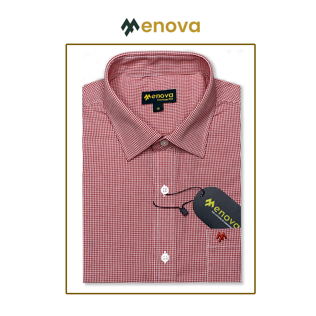 Menova Custom Fit Red & White Jury Check Formal Shirt for Men – Premium Cotton with Chest Pocket – Code: 174