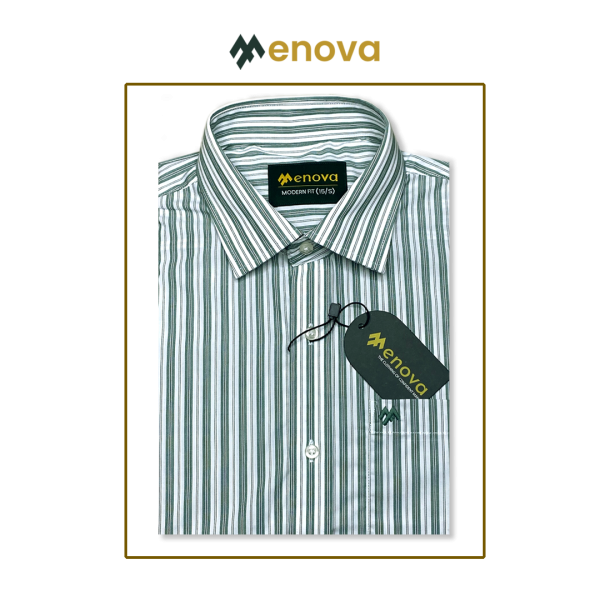 Menova Custom Fit Green & White Stripe Formal Shirt for Men – Premium Cotton with Chest Pocket – Code: 175