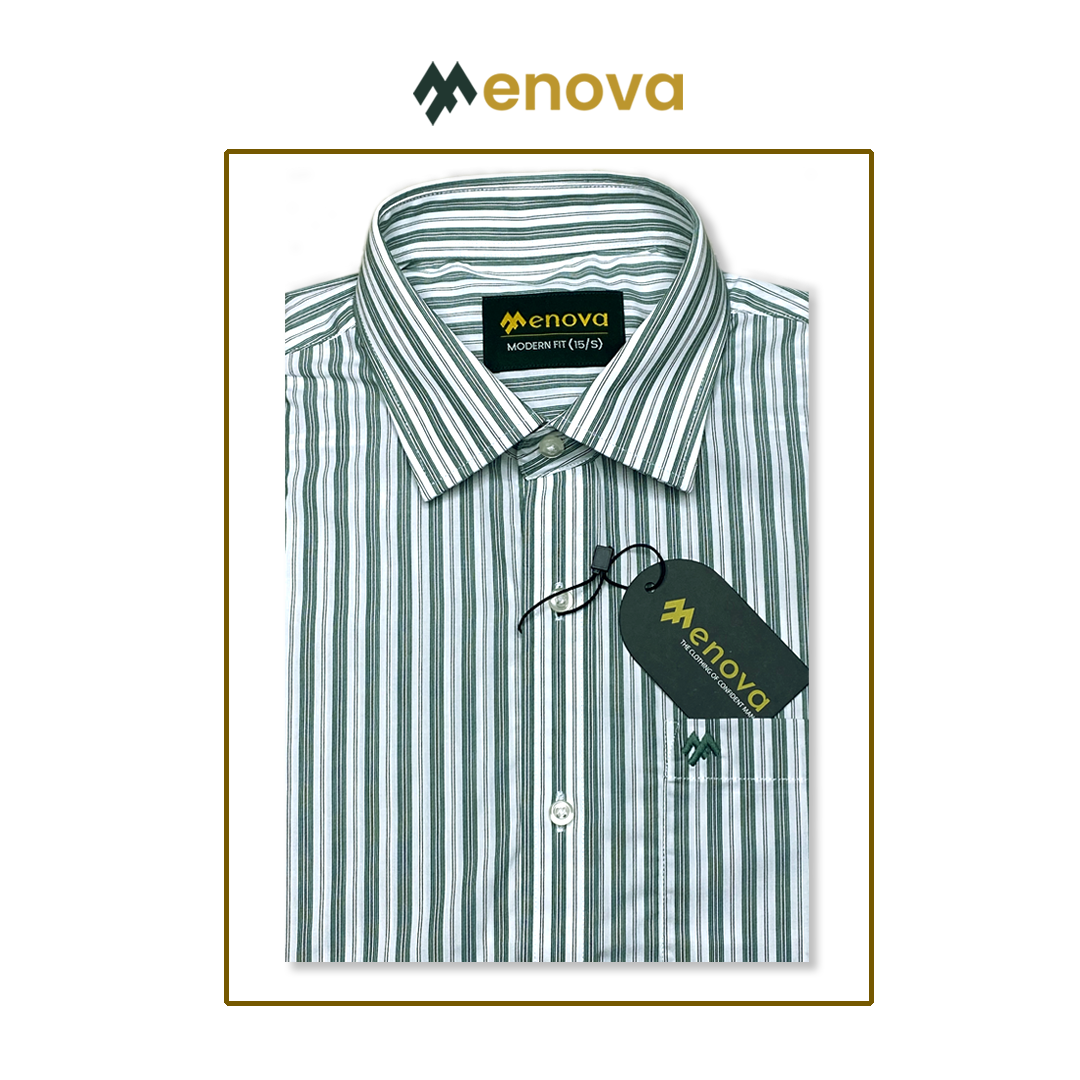 Menova Custom Fit Green & White Stripe Formal Shirt for Men – Premium Cotton with Chest Pocket – Code: 175