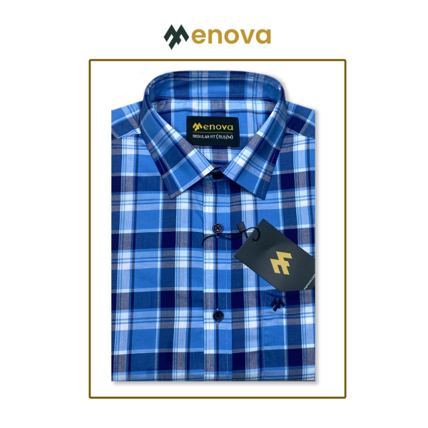 Menova Regular Fit 100% Cotton Blue Check Casual Shirt With Chest Pocket– Code 178