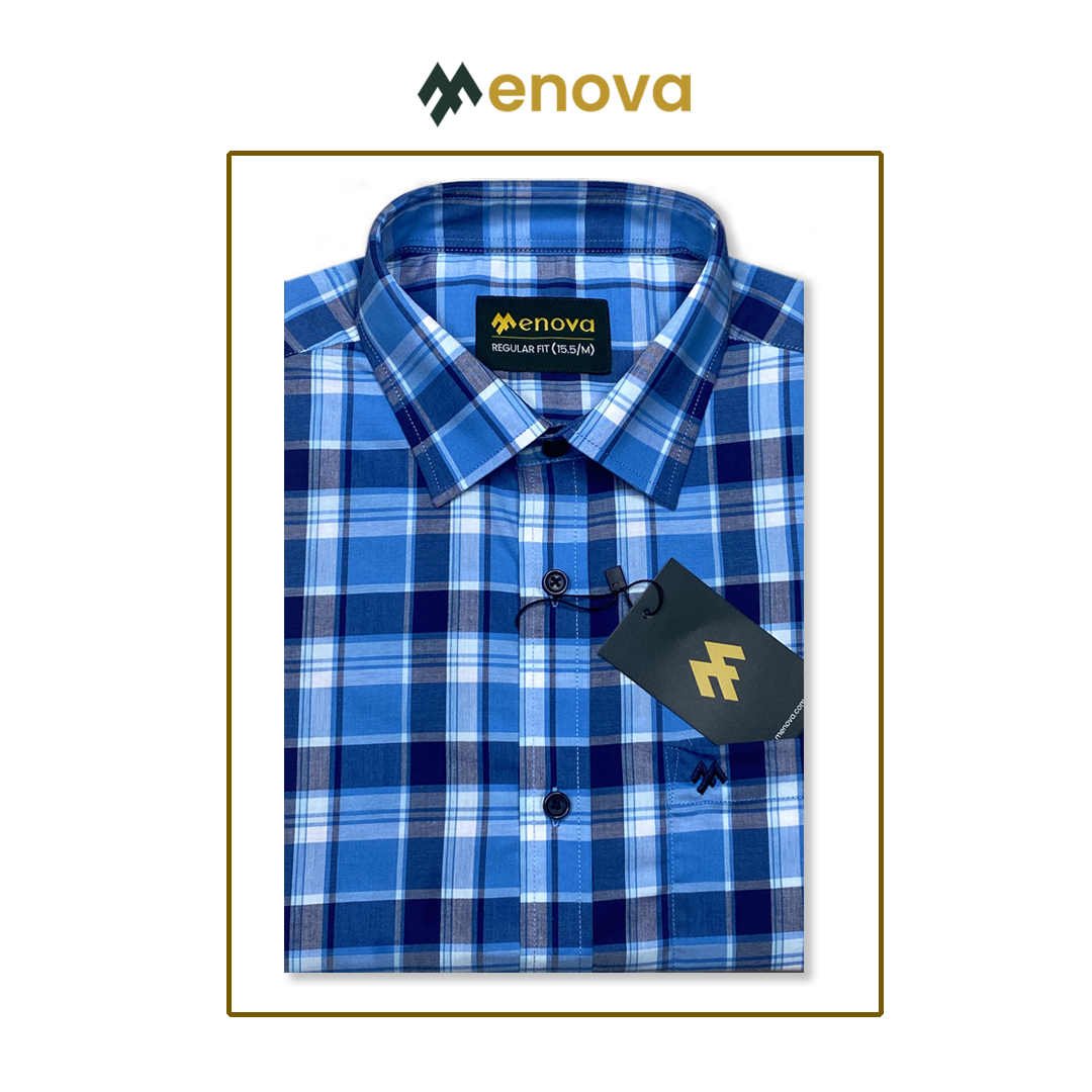 Menova Regular Fit 100% Cotton Blue Check Casual Shirt With Chest Pocket– Code 178