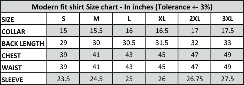 Modern Fit Size Chart