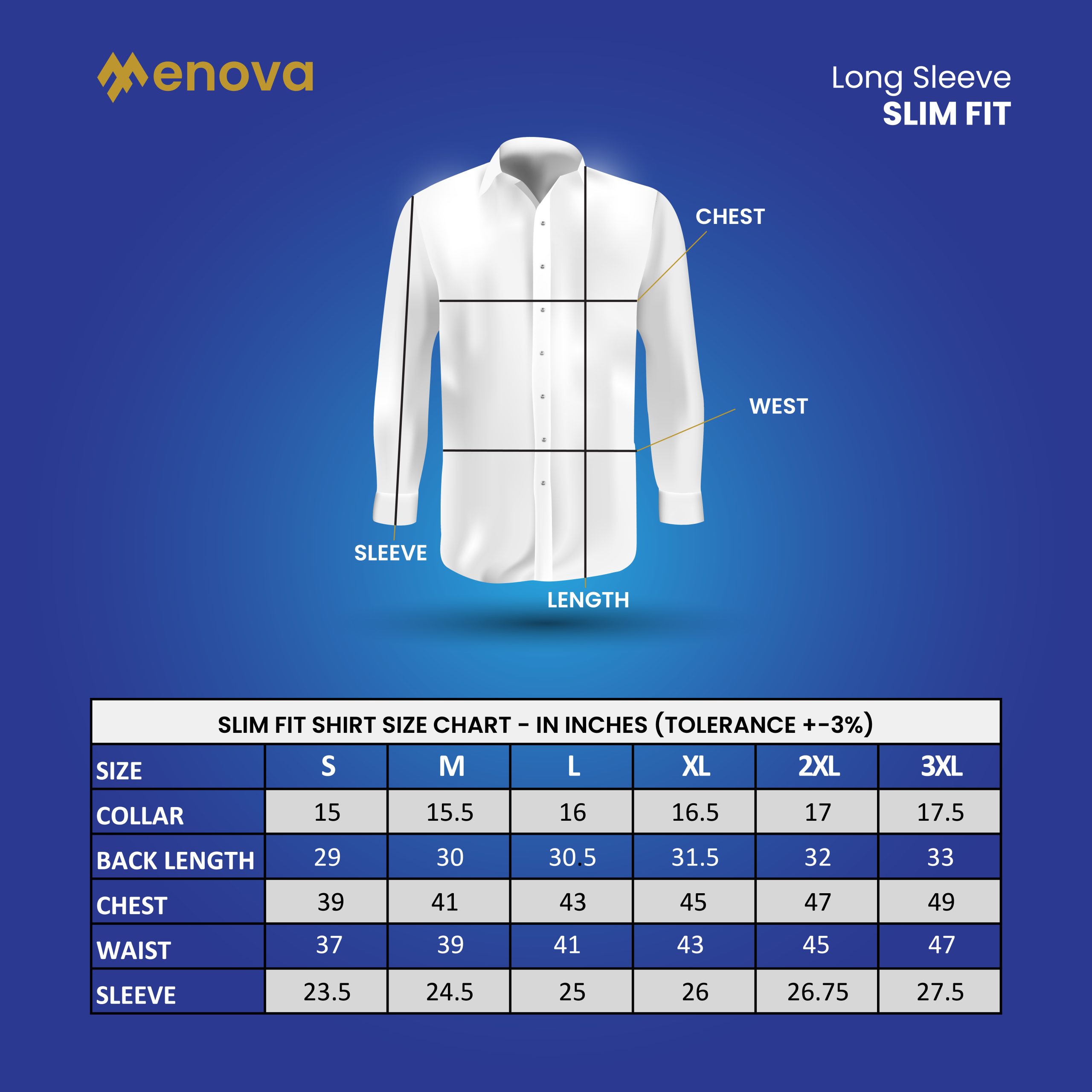 Menova slim fit formal shirt measurement chart for men – tailored business shirt Bangladesh