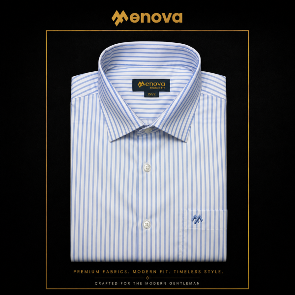 Menova White & Sky Blue Striped Premium Formal Shirt - 100% Cotton