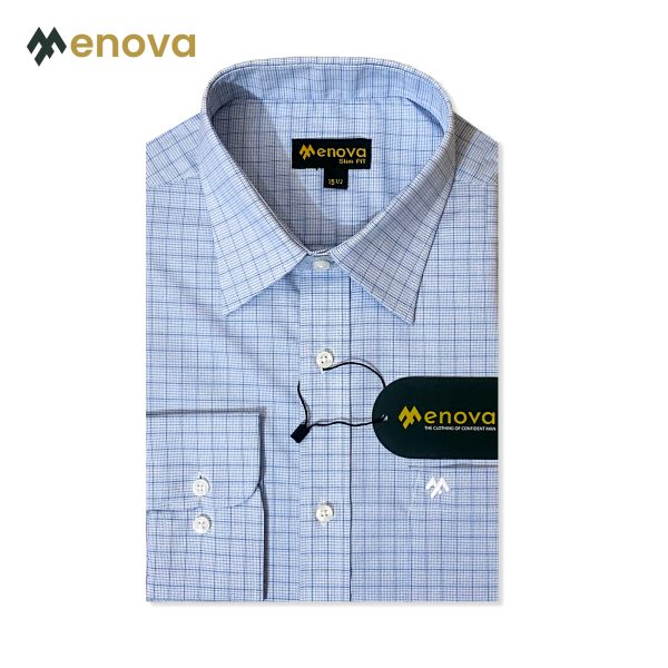 Menova 100% Cotton Sky Blue Check Slim Fit Formal Shirt | Code 058